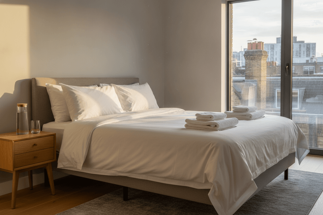 Short-let bedroom with freshly made white bed linen and folded towels