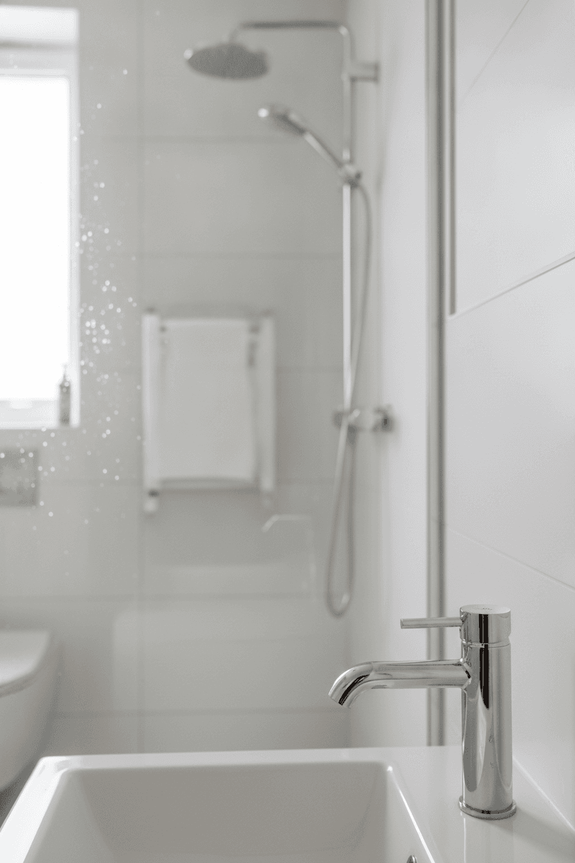 Descaled chrome taps and a spotless glass shower screen