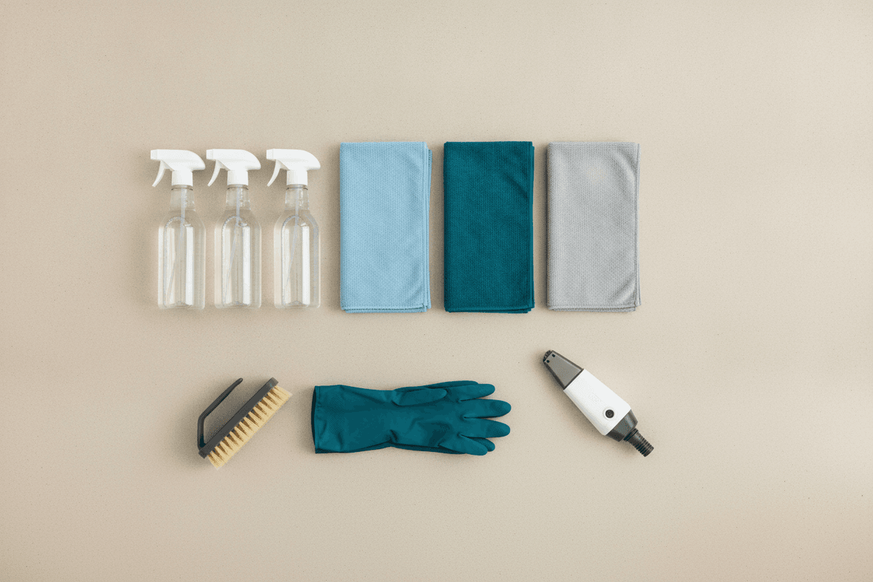 Professional cleaning equipment and colour-coded microfibre cloths laid out neatly