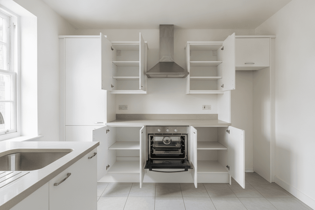 Empty London kitchen with cupboards and oven open after an end of tenancy clean
