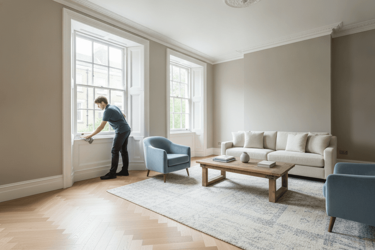 Cleaner wiping a windowsill in a bright London living room