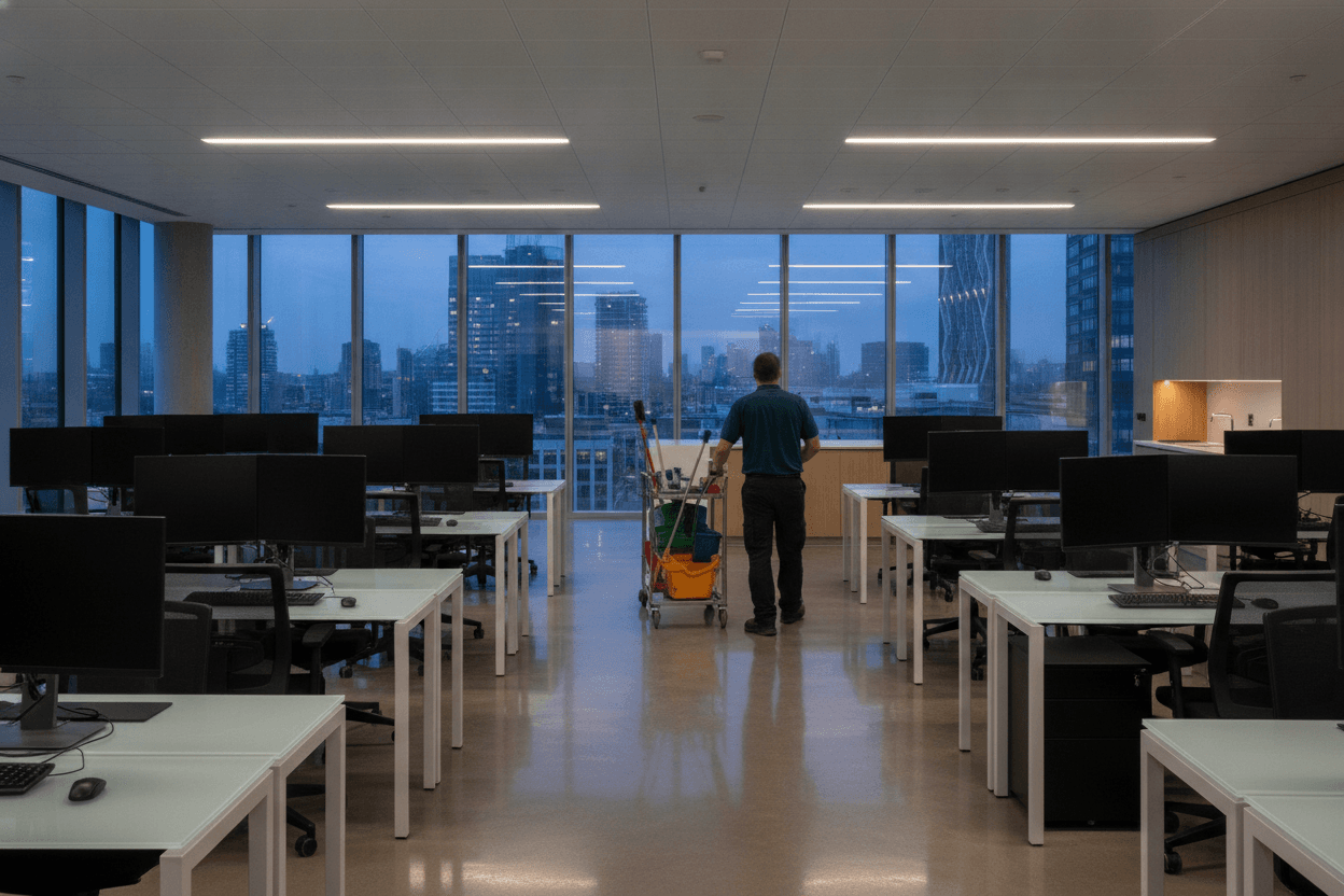 Cleaner with a trolley in an empty open-plan London office at dusk