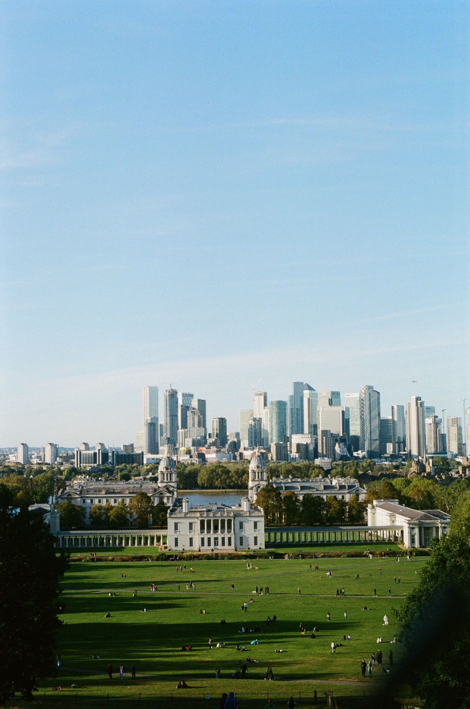 Park lawn with the city skyline on the horizon