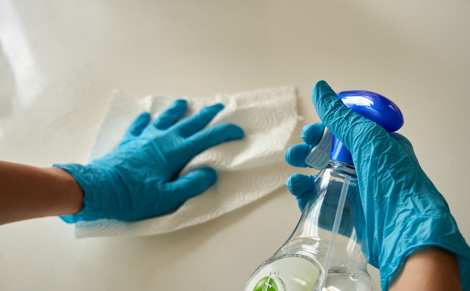 Gloved hands wiping a surface with paper towel and a spray bottle