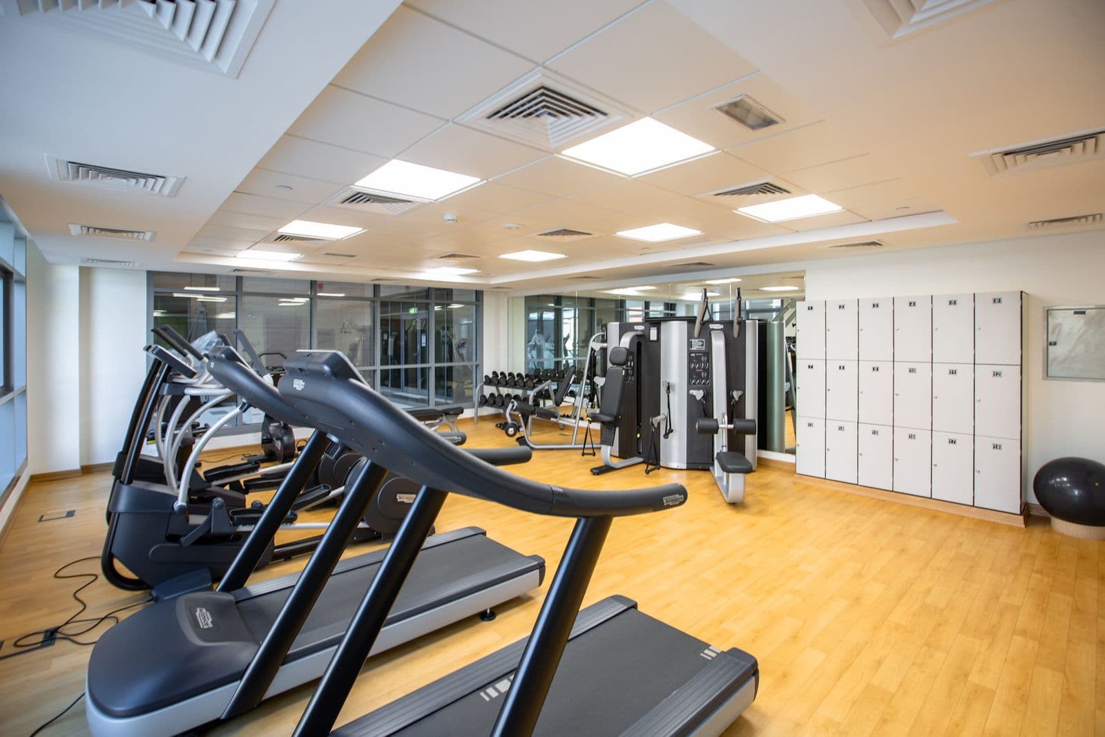 Treadmills and fitness machines in a bright gym