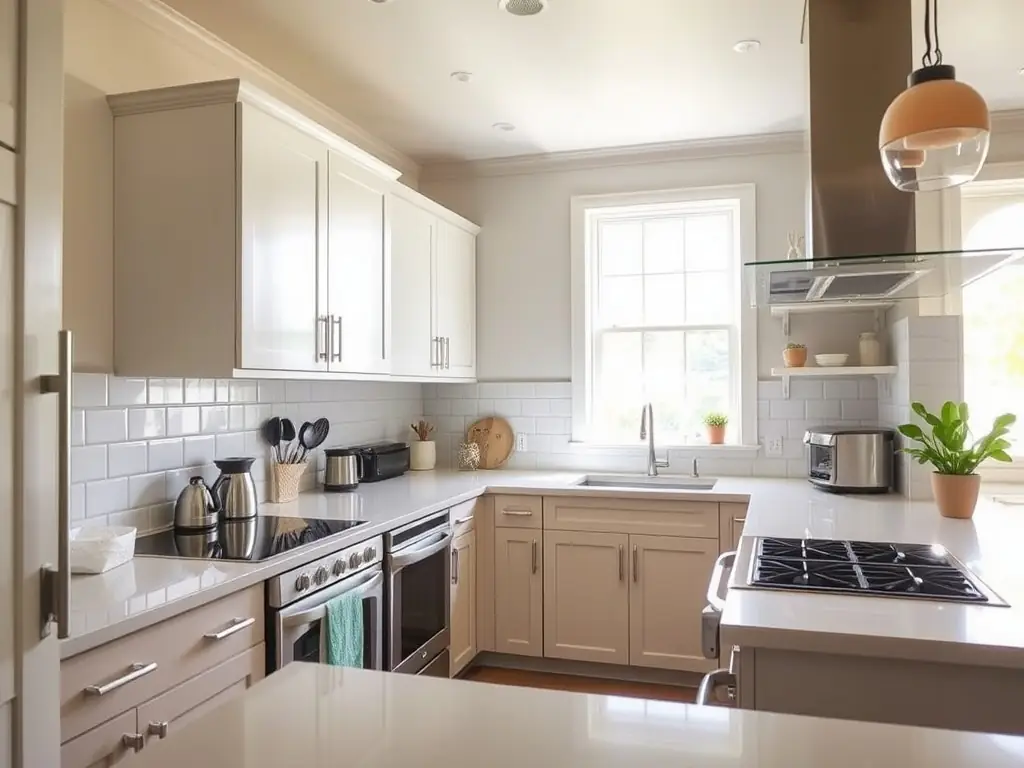 A photo showcasing a spotless kitchen after a deep cleaning service, with gleaming countertops and appliances, emphasizing the thoroughness of the cleaning.
