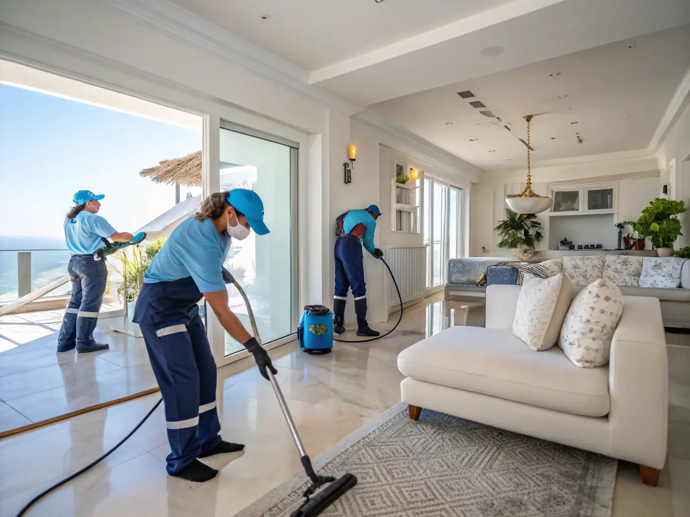 A professional cleaning team preparing an Airbnb apartment for new guests, ensuring a fresh and welcoming environment for every guest.